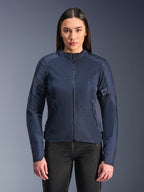 Alpinestars Stella C-1 Air Jacket in Blue, Women's Motorcycle Jacket, modeled with black riding pants, features large mesh panels for airflow, zippered front and side pockets, and a clean contemporary design.