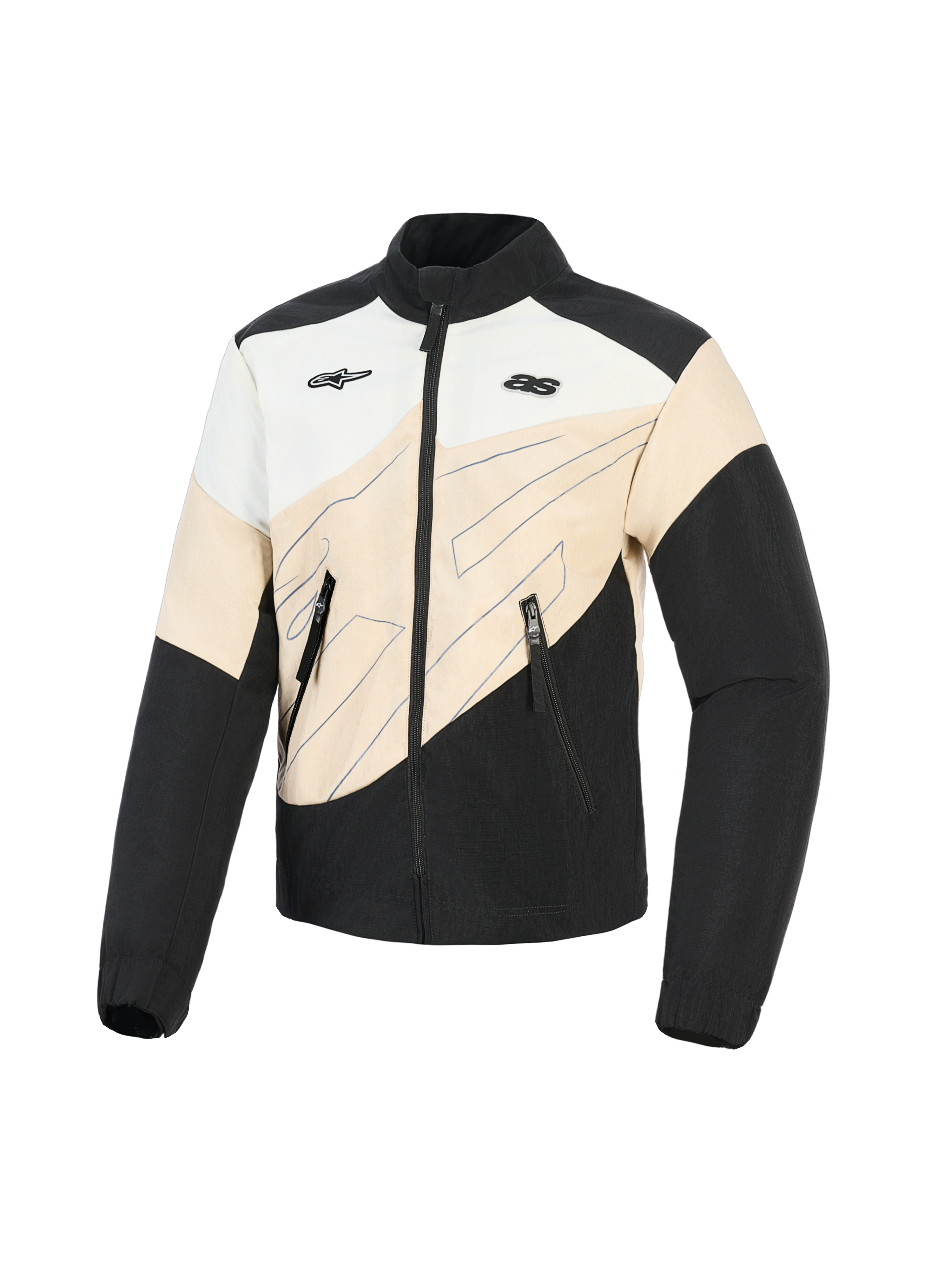 Alpinestars Stella Moshell Jacket, Women's Urban Motorcycle Jacket, Black Sand and Off White, asymmetrical color-block design with blue line graphics, front zip closure and dual chest logos, streetwear-inspired protective riding gear