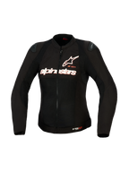Alpinestars Woman Stella SMX Air Jacket, Textile Motorcycle Jacket, Black with White and Red Fluo branding, front view showing high-flow mesh construction, Alpinestars chest logo, and DFS Lite shoulder sliders, tailored for female riders.