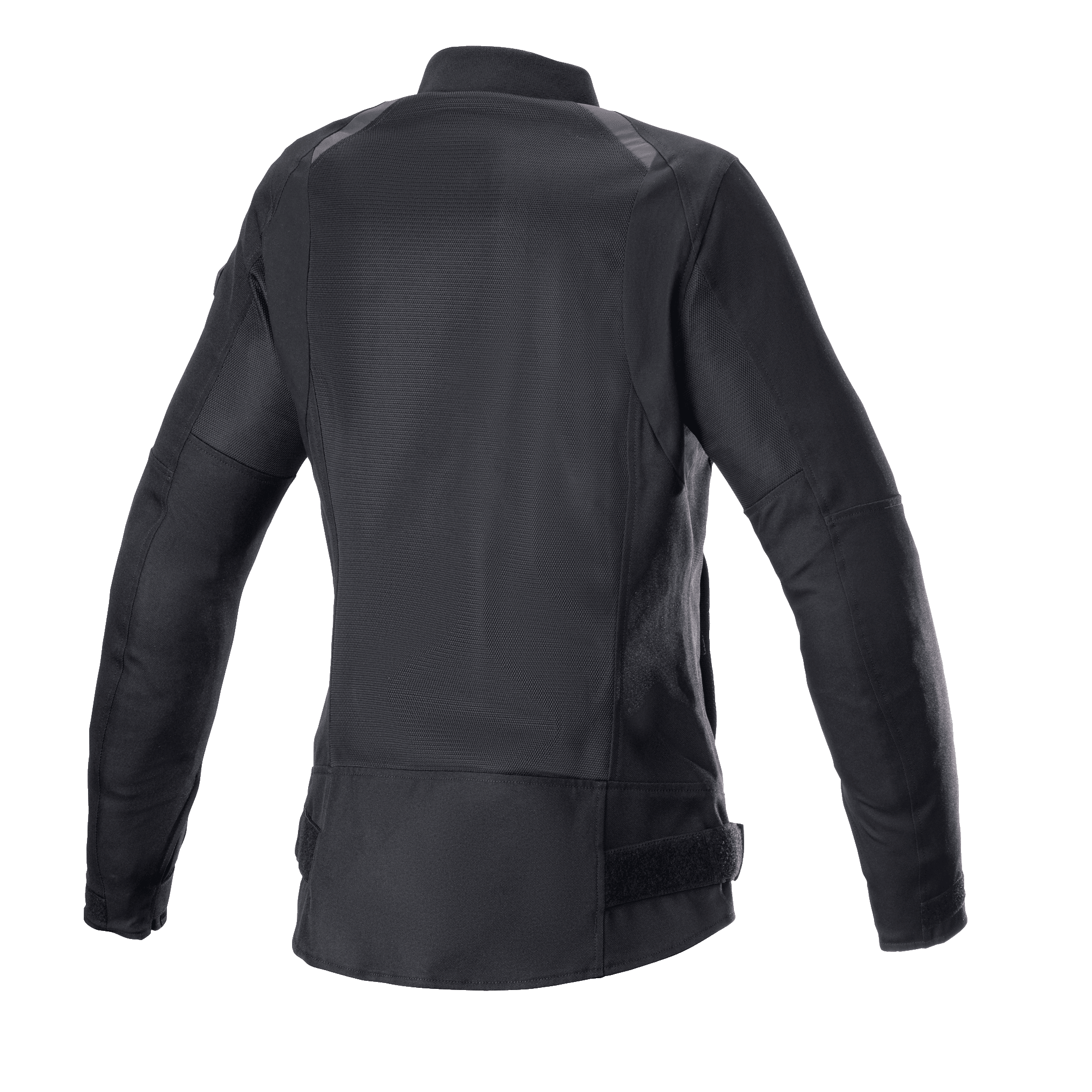 Alpinestars Eloise V2 Women's Air Jacket, Black, Back view of bomber-style motorcycle jacket, extensive mesh panels for cooling, elongated rear profile, durable 600D poly-fabric and mesh construction