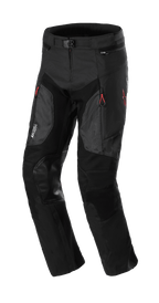 Alpinestars AMT 7 Air Pants, Motorcycle Protective Pants, Black Dark Shadow, featuring MATRYX ventilation panels on the thighs, reinforced leather knee patches, red zipper pulls, and adjustable waistband, durable textile construction for adventure riding
