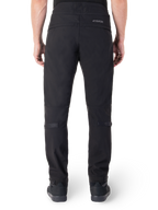 Alpinestars Alden Pants, Black Urban Motorcycle Pants, rear view, featuring reflective MO.ST.EQ. wordmark on the back yoke, slim fit below the knee, and snap button volume adjusters on the calves and cuffs, streetwear-inspired technical textile design.