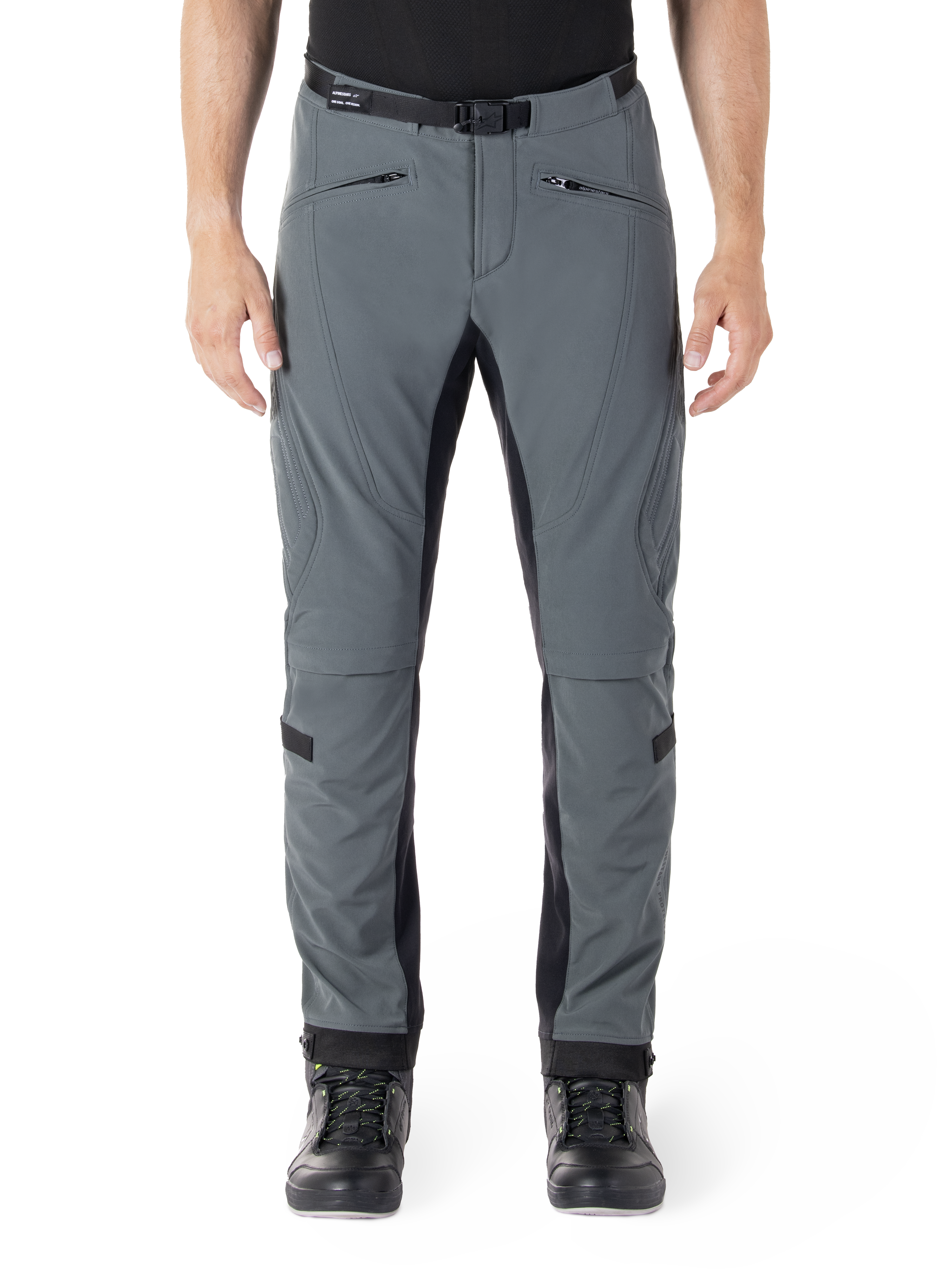 Alpinestars Alden Pants, Urban Gray with black panels, technical motorcycle riding pants, front view featuring zippered pockets and integrated magnetic waist belt, slim-fit softshell design for urban commuting