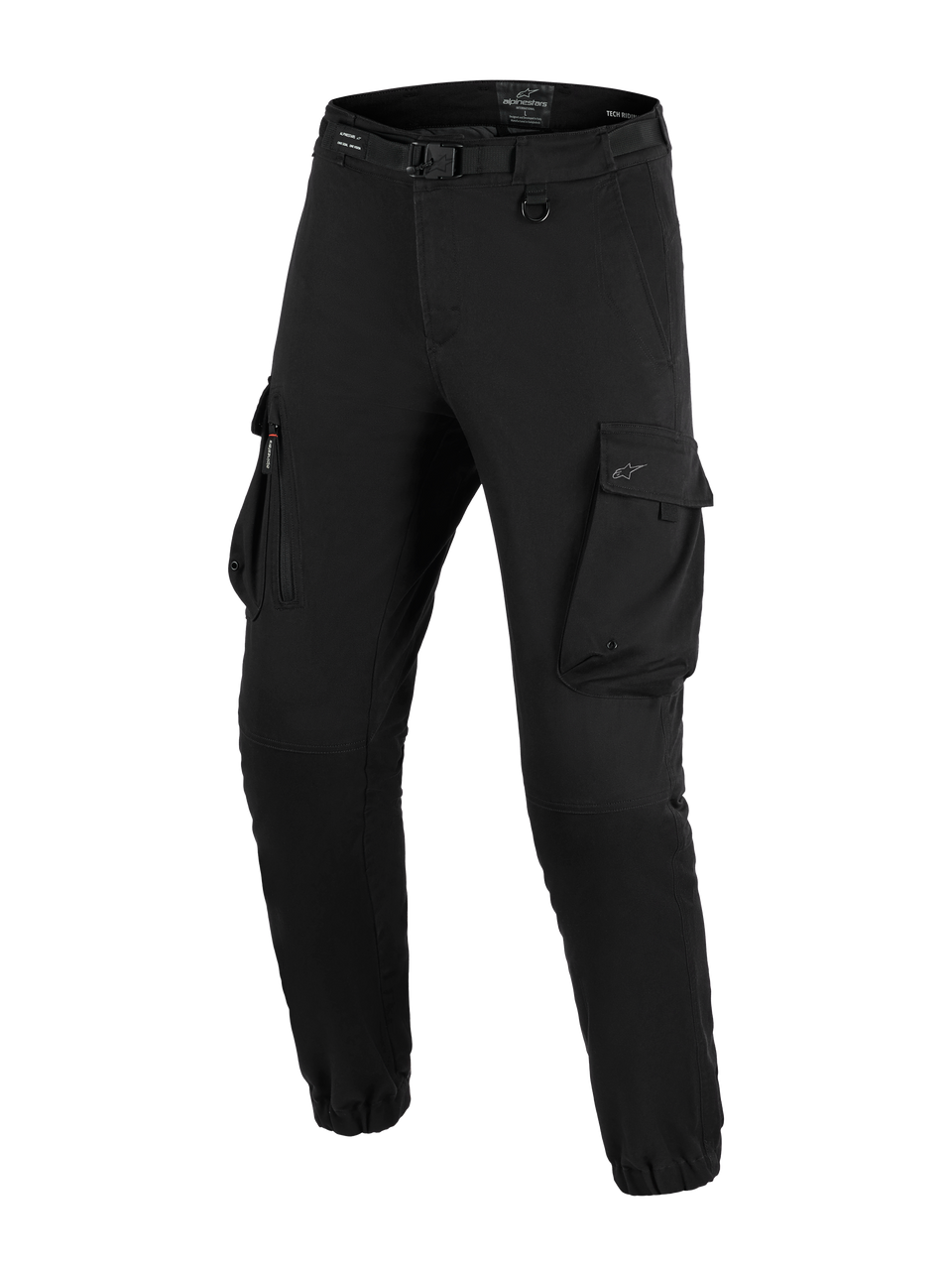 Alpinestars Flex-AST Cargo Pants - Short, Urban Motorcycle Pants, Black, regular tapered fit with elasticated hems, featuring integrated belt with buckle, D-ring, and large side cargo pockets.