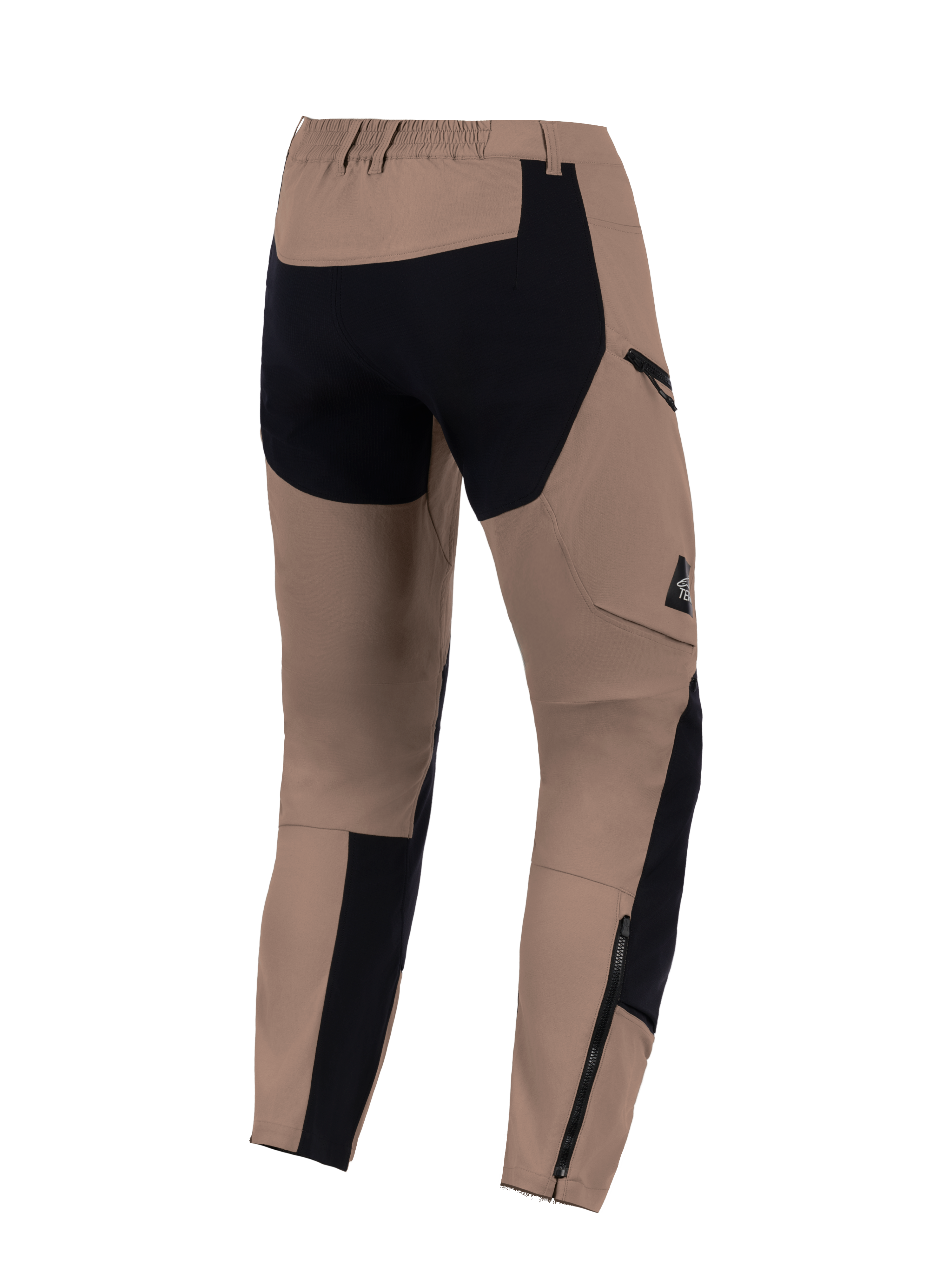 Alpinestars Flex-AST Explorer Pants, Walnut Black, back view, adventure motorcycle pants featuring reinforced black panels on the seat and lower legs, zippered cargo pocket, and long lower-leg zippers for boot compatibility.
