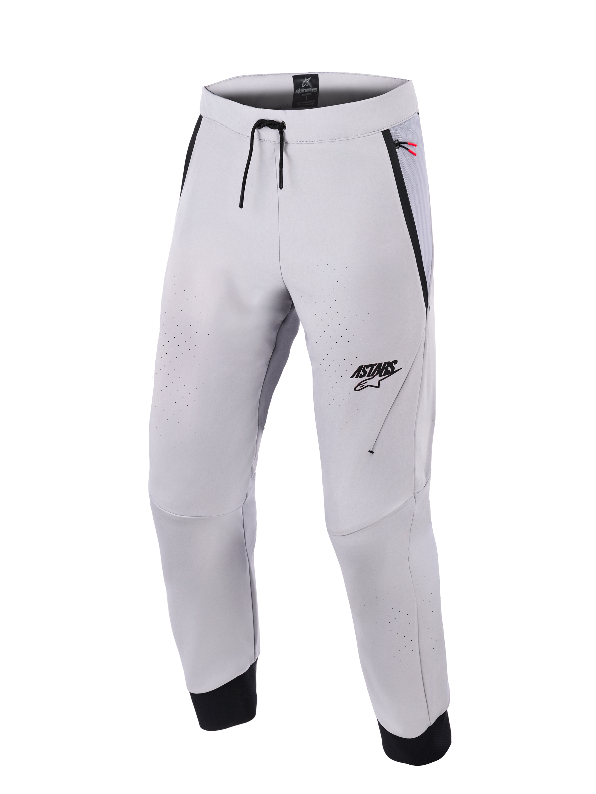 Alpinestars Aeroshell Airflow Pants, Mid Gray motorcycle pants, featuring laser-perforated ventilation zones, ASTARS logo on the left thigh, drawstring waistband, and black ankle cuffs, technical softshell design for sport and urban riding