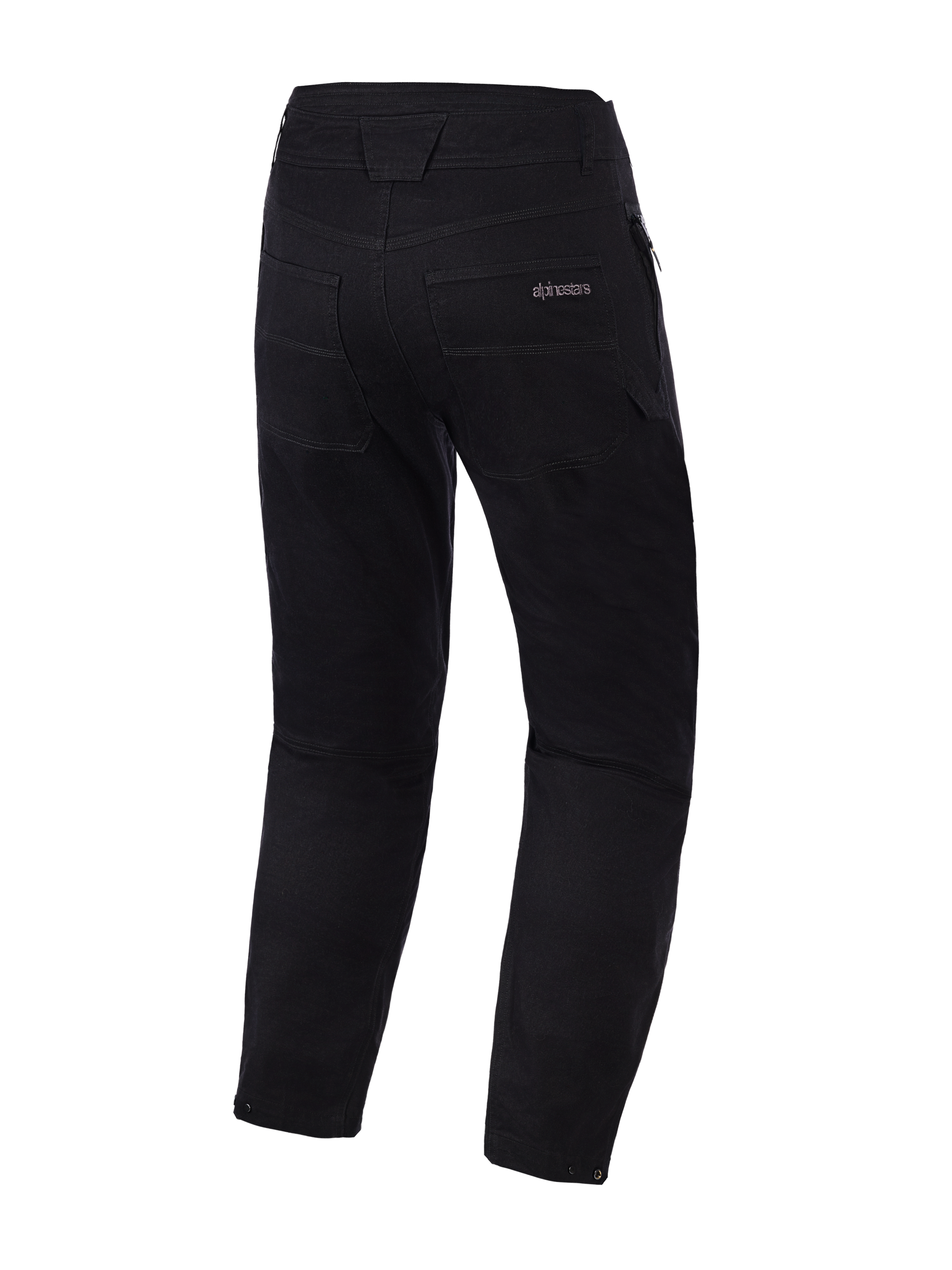 Alpinestars Flex-AST Canvas Pants, Black, back view, heritage workwear style motorcycle pants with Alpinestars logo on the back pocket, contrast decorative topstitching, and adjustable snap closures at the leg hems