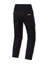 Alpinestars Flex-AST Canvas Pants, Back View, Black Aluminum, featuring black polycotton twill with light tan accents on the inner legs, dual rear pockets with Alpinestars branding, and snap adjusters at the leg openings, urban motorcycle trousers with a workwear-inspired design.