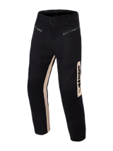 Alpinestars Flex-AST Canvas Pants, Black Aluminum, urban motorcycle pants with workwear-inspired design, featuring tan vertical side panels with bold Alpinestars logo, metal zippered front pockets, and ergonomic pre-shaped knees.