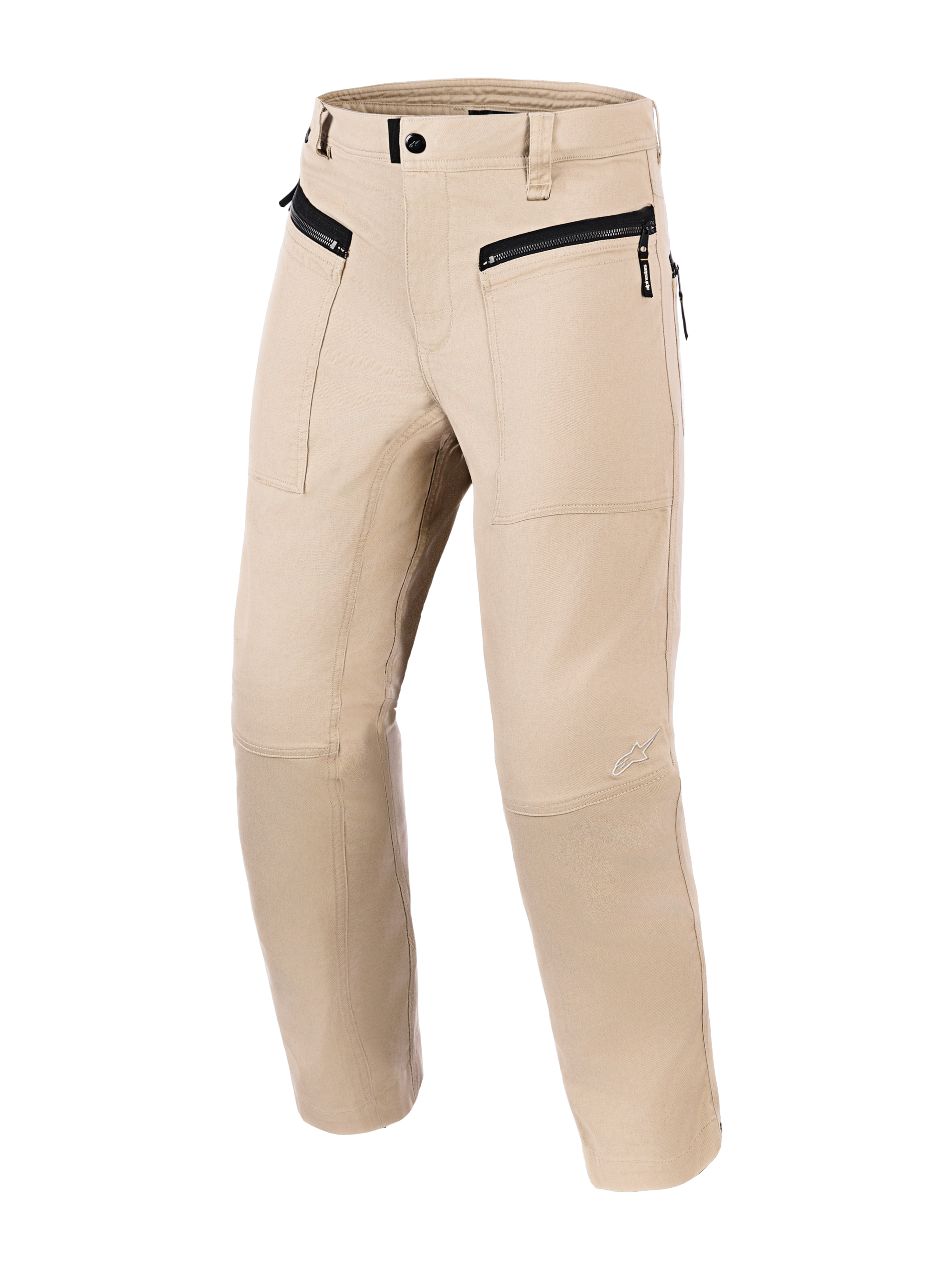 Alpinestars Flex-AST Canvas Pants, Brown, urban motorcycle pants with heritage workwear styling, featuring black zippered pockets, ergonomic knee panels, and a monolayer stretch polycotton construction.