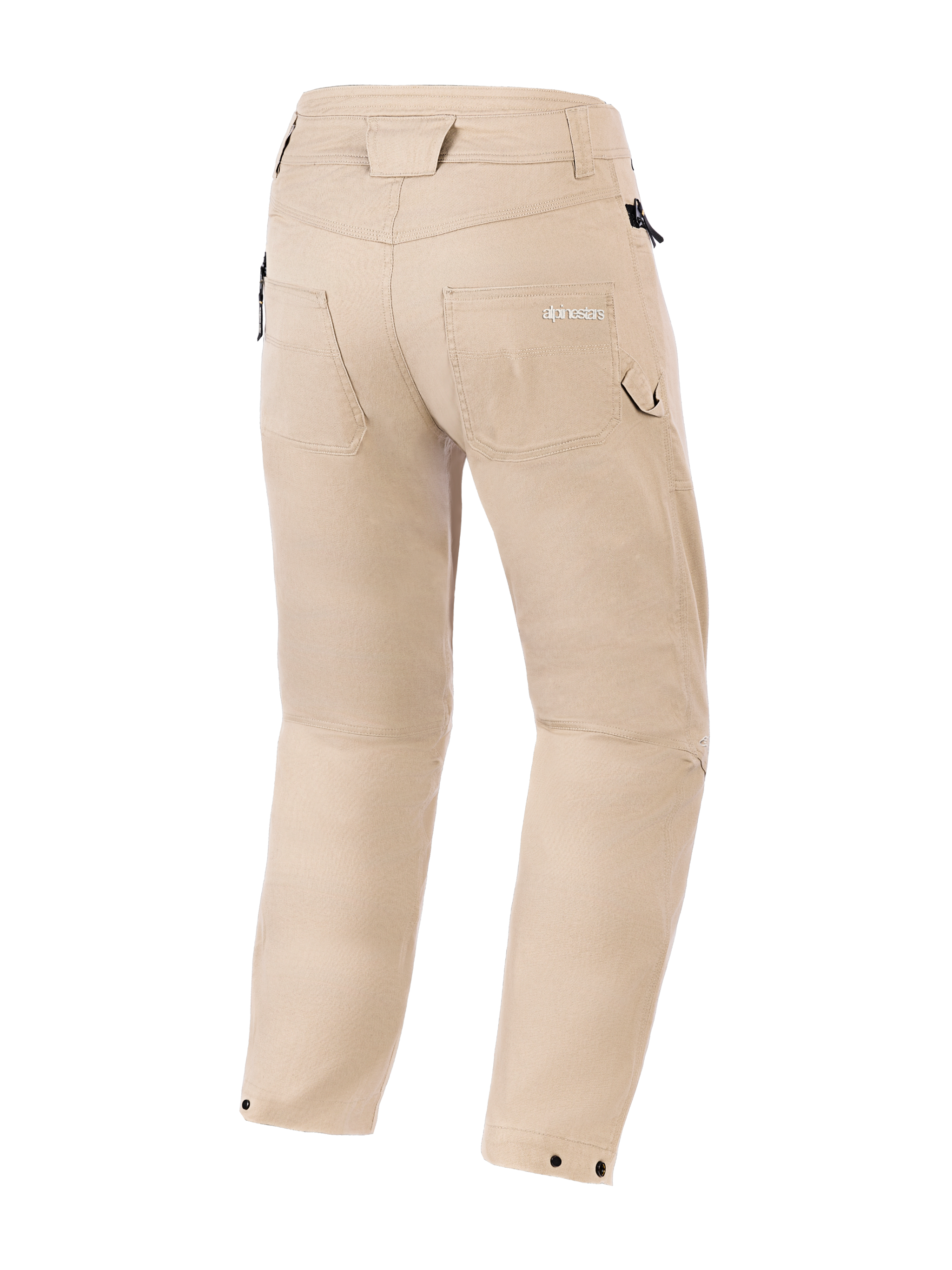 Alpinestars Flex-AST Canvas Pants, Rear View, Tan, heritage workwear styling with hammer loop and back pockets, Alpinestars logo embroidery on the pocket, snap button closures at the ankles, urban protective motorcycle pants
