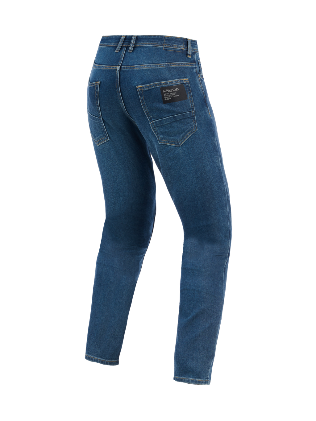Alpinestars Flex-AST 5 Denim Pants - Short, Urban Motorcycle Pants, Indigo Washed, back view showing classic rear pockets, black brand patch on the right pocket, and a modern tapered fit in stretch denim