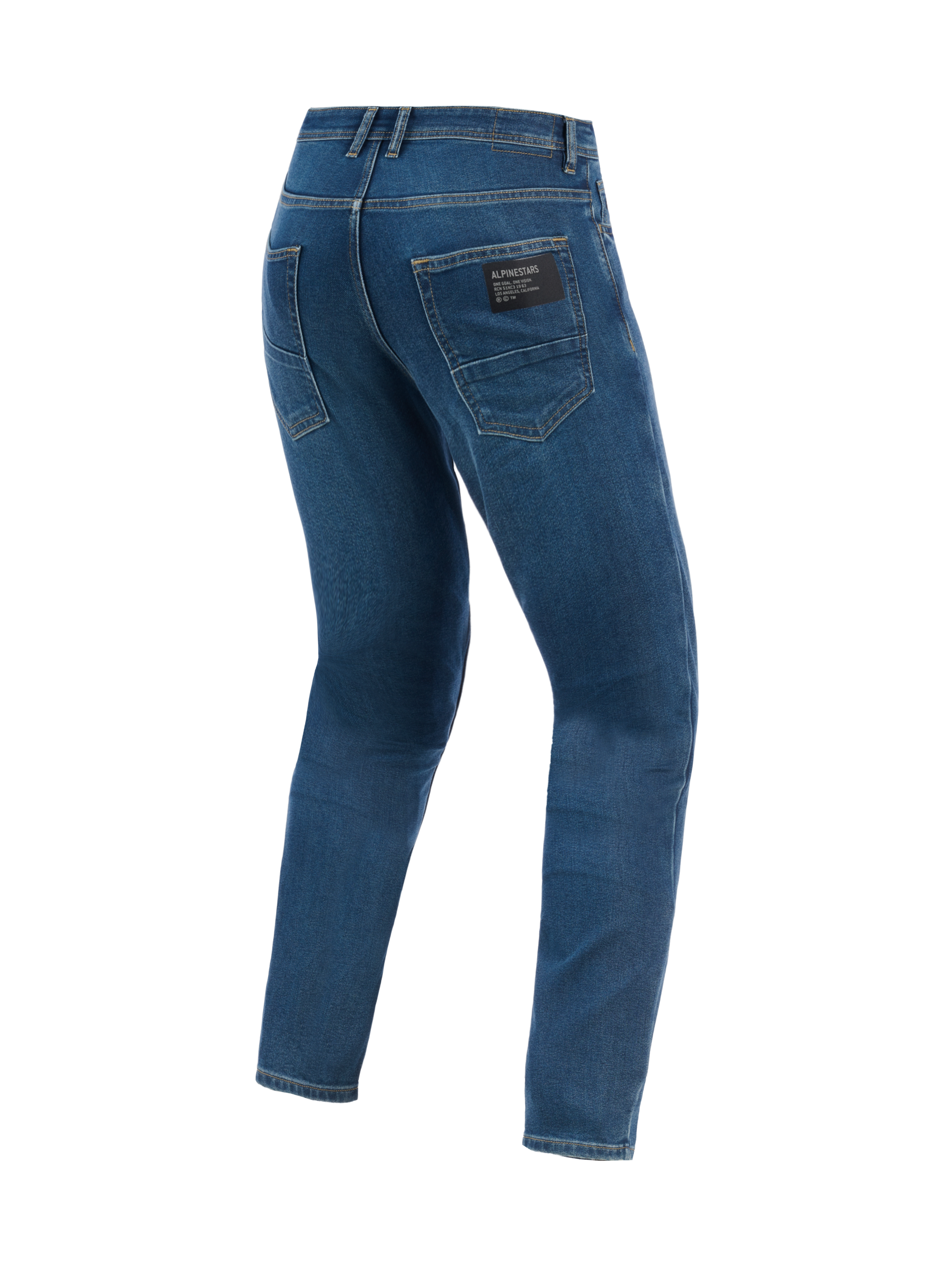 Alpinestars Flex-AST 5 Denim Pants - Short, Urban Motorcycle Pants, Indigo Washed, back view showing classic rear pockets, black brand patch on the right pocket, and a modern tapered fit in stretch denim
