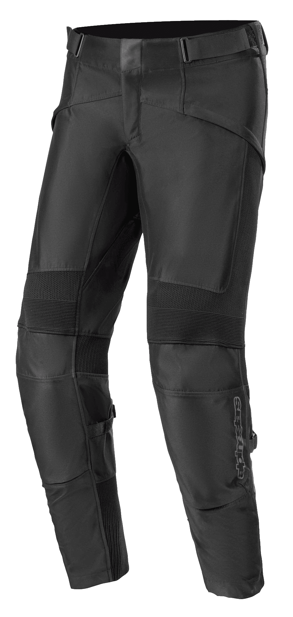 Alpinestars T SP-5 Rideknit Pants, Black Textile Motorcycle Riding Pants, featuring ribbed stretch panels at the knees, adjustable waist straps, durable knit sections for flexibility, and a slim tapered fit for sport performance.