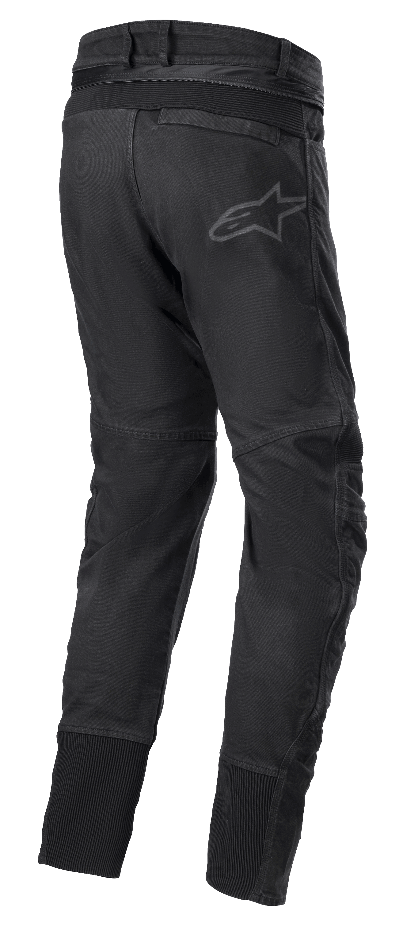 Alpinestars SP Pro Pants, Technical Motorcycle Sport Pants in Black, rear view showing waist connection zipper, RIDEKNIT stretch inserts on the back yoke and calves, and subtle logo branding.