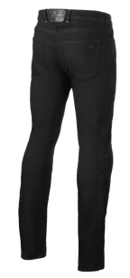 Alpinestars Cult-8 Stretch Denim Pants, Black Rinse, rear view of motorcycle riding jeans, straight leg regular fit, featuring back pockets and embossed leather logo patch on the waistband, casual urban style.