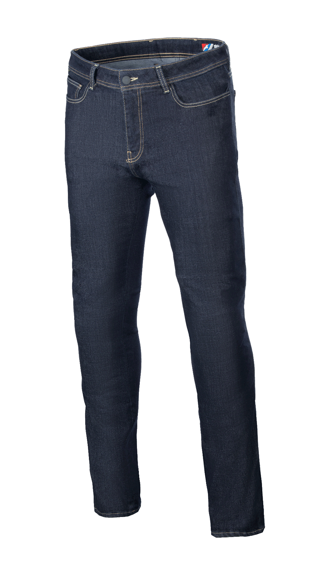 Alpinestars Cult-8 Stretch Denim Pants, Motorcycle Riding Jeans, Rinse Blue, regular fit with straight leg, featuring contrast stitching, five-pocket design, and stretch denim material