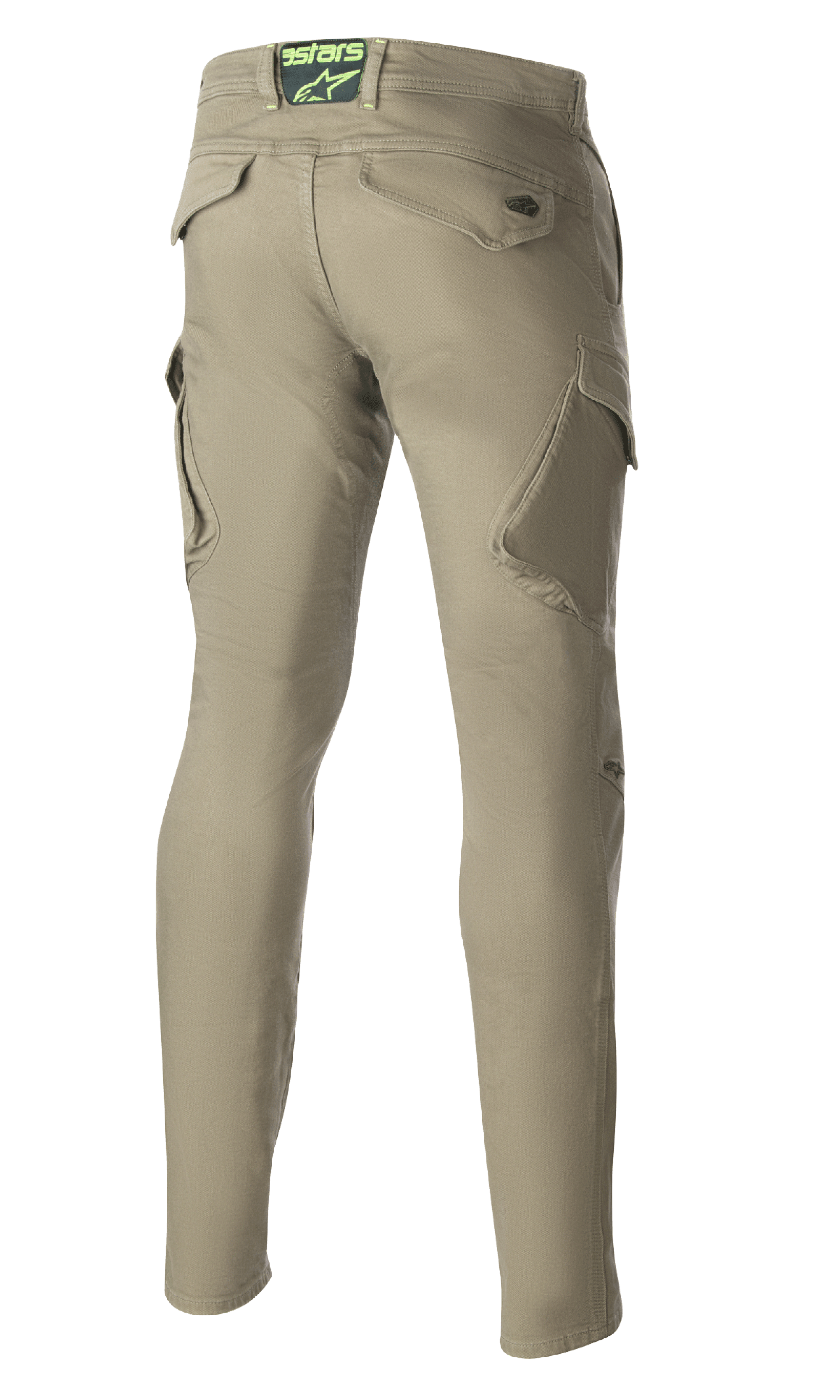 Alpinestars Caliber Slim Fit Tech Riding Pants, Military Green, rear view showing angled cargo pockets and slim tapered silhouette, features Astars logo on back waistband, durable urban combat style motorcycle pants