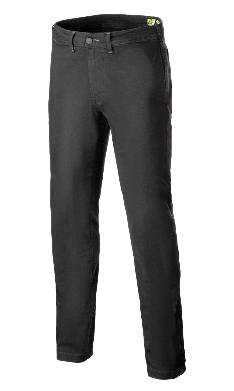 Alpinestars Stratos Regular Fit Tech Riding Pants, Motorcycle Riding Pants, Anthracite Gray, casual jogger-style design with a tapered leg, button waist closure, adjustable snap buttons at the ankles, constructed from Cordura denim for urban street style.