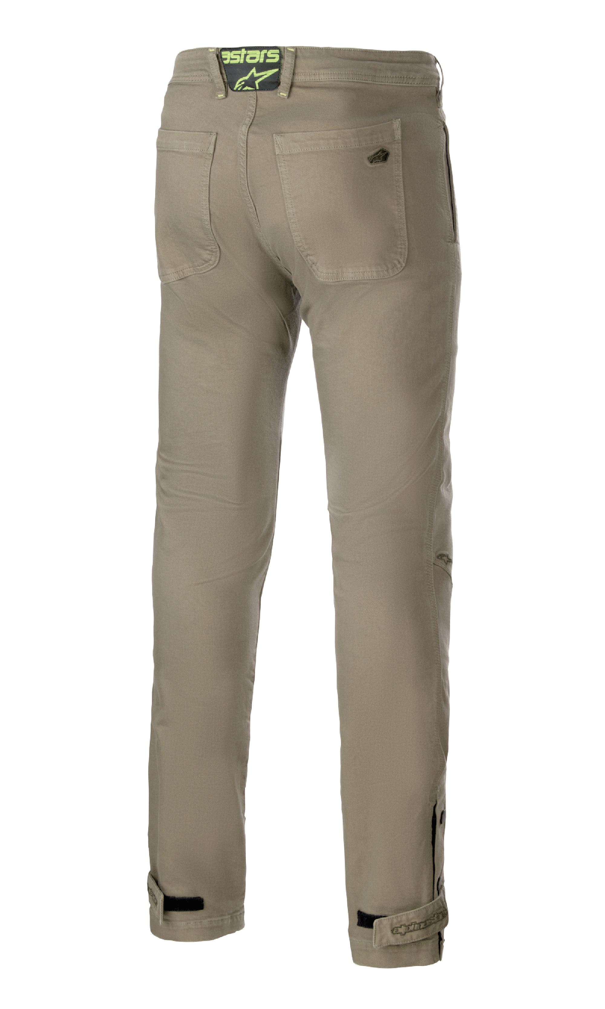 Alpinestars Stratos Regular Fit Tech Riding Pants, Military Green, back view featuring two rear pockets and a neon green logo patch on the waistband, tapered legs with adjustable ankle straps, casual street-style motorcycle pants