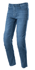Alpinestars Radon Regular Fit Denim Pants, Rinse Blue motorcycle jeans, straight-leg cut with five-pocket design, faded denim texture, button and zipper closure, durable construction for urban riding