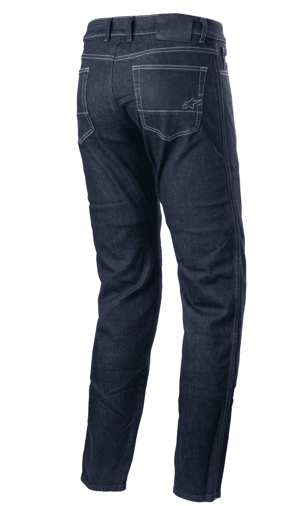 Alpinestars Sektor Regular Fit Denim Pants, urban motorcycle pants, Dark Blue denim, rear view showing back pockets with light contrast stitching, small embroidered logo, and regular fit tapered design