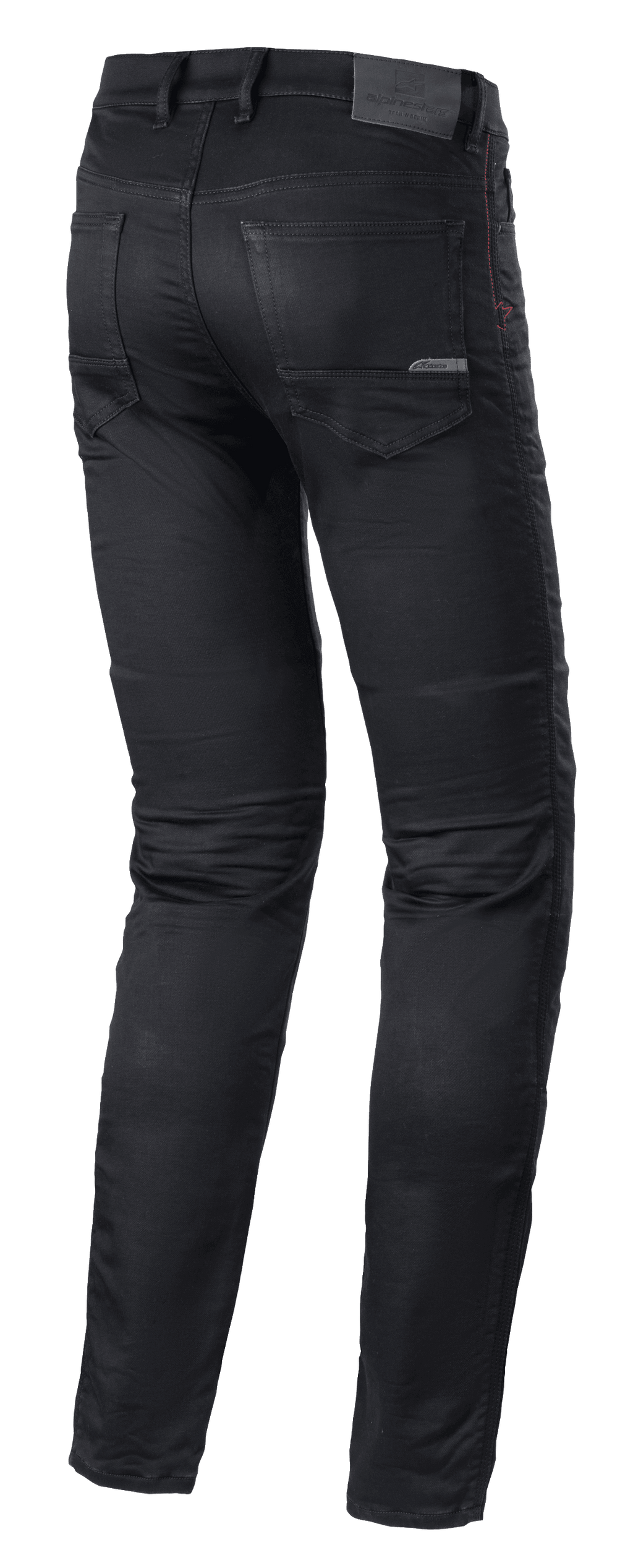 Alpinestars Cerium Tech Stretch Riding Denim, Motorcycle Riding Jeans, Black Rinse, slim fit design, back view featuring pre-shaped leg construction, rear pockets, and leather waist patch with embossed branding