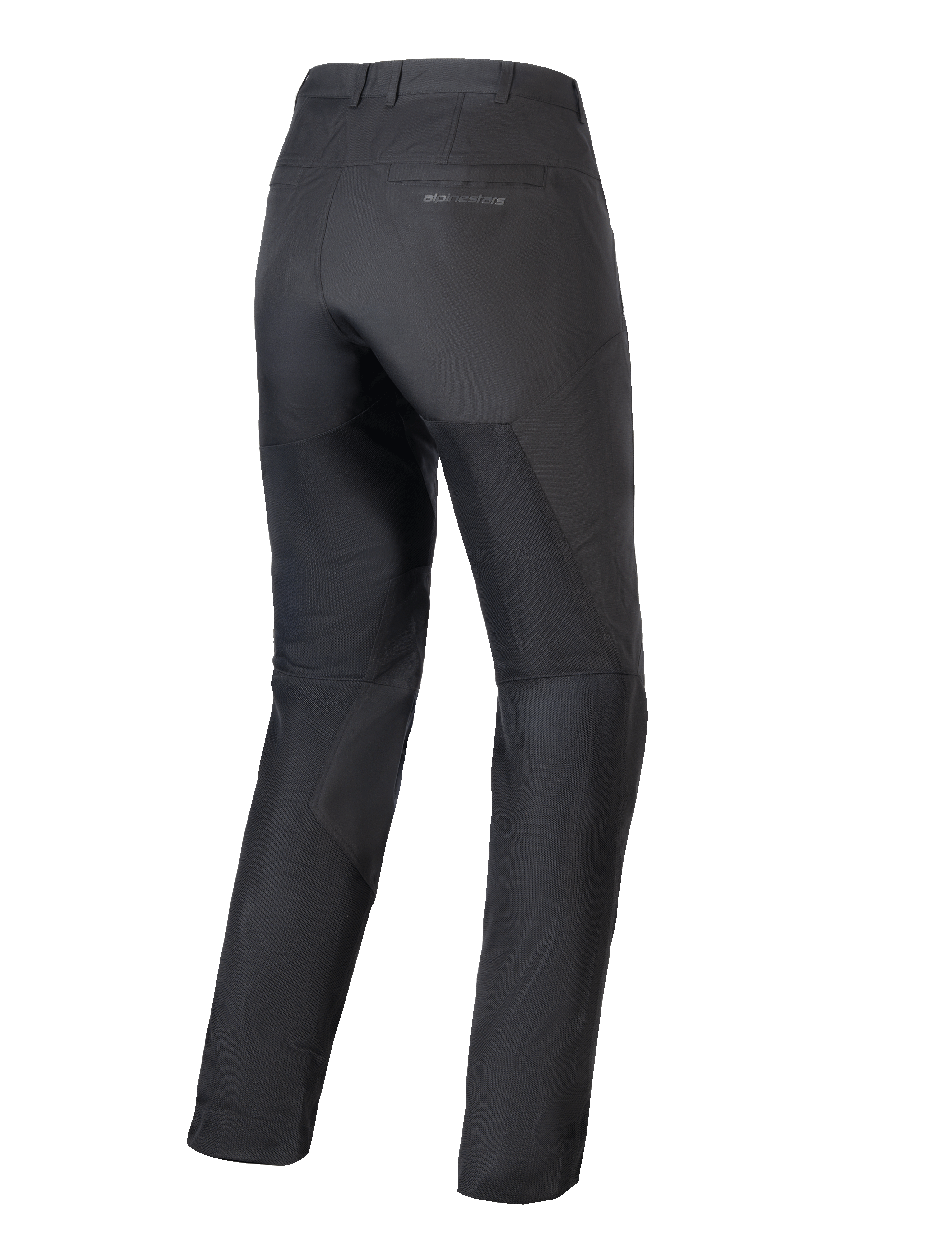 Alpinestars Woman Stella C-1 Air Pants, Black Motorcycle Pants, Rear View, showing large tech mesh panels on the legs for airflow, sleek urban design with subtle branding on the back pocket