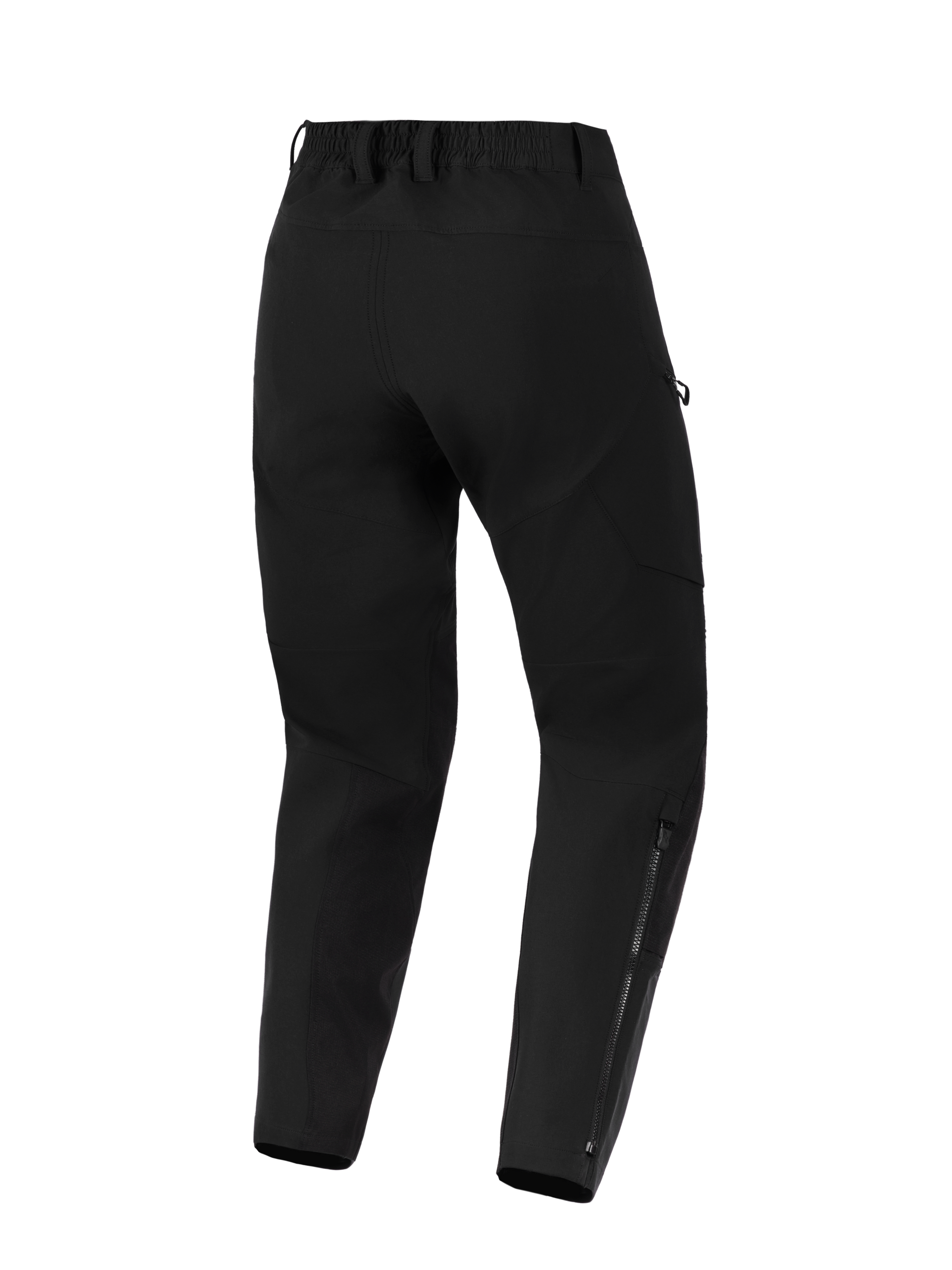 Alpinestars Stella Flex-AST Explorer Pants, Women's Motorcycle Pants, Black, back view featuring stretch textile construction, elastic waistband with belt loops, and long zippers on the lower legs for adventure riding.