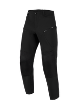 Alpinestars Stella Flex-AST Explorer Pants, Women's Motorcycle Pants, Black, front view, featuring zippered thigh pockets, reinforced knee panels, and elasticated waistband, designed for adventure touring