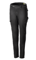 Alpinestars Caliber Women's Tech Riding Denim, Anthracite gray motorcycle cargo pants, slim-fit silhouette with angled side flap pockets, belt loops and button-zip closure, durable stretch Cordura denim, urban protective riding gear.