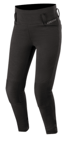 Alpinestars Banshee Women's Leggings, Black, fitted motorcycle riding leggings with reinforced ribbed knee panels, belt loops, and high-waisted design, sleek sporty look for urban road riding