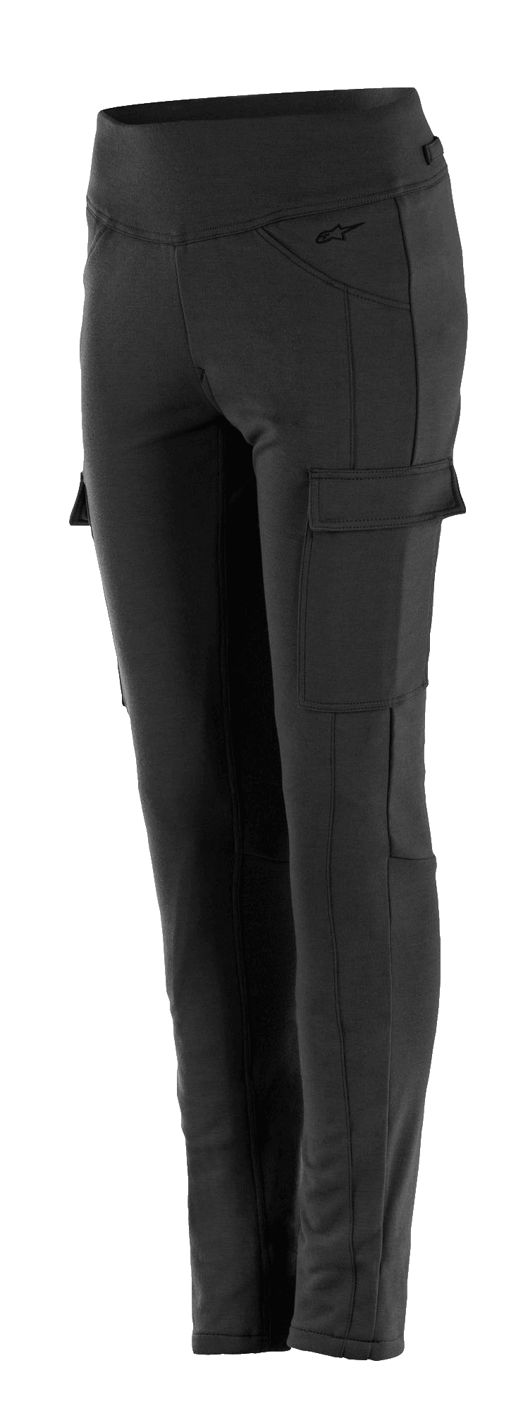 Alpinestars Women's Iria Leggings, Black motorcycle riding leggings, high-waisted slim fit, featuring a side cargo pocket with flap closure, subtle logo on the hip, durable textile construction for urban riding