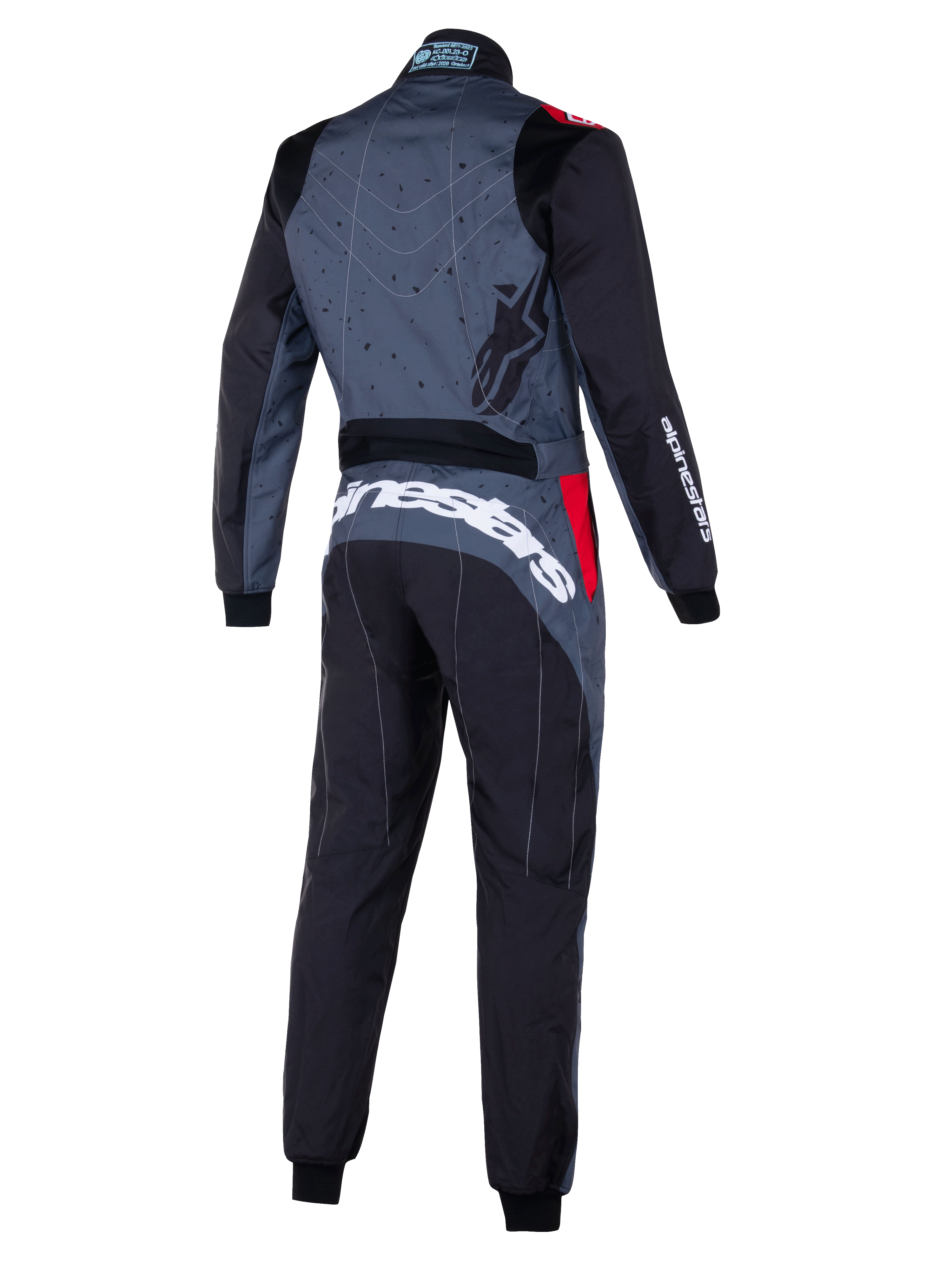 Alpinestars KMX-9 V3 Graphic 6 Suit, Gray and Black Karting Suit with Red accents, rear view featuring graphic patterned back, bold white Alpinestars branding across the lower back, and ergonomic panels for motorsport performance.