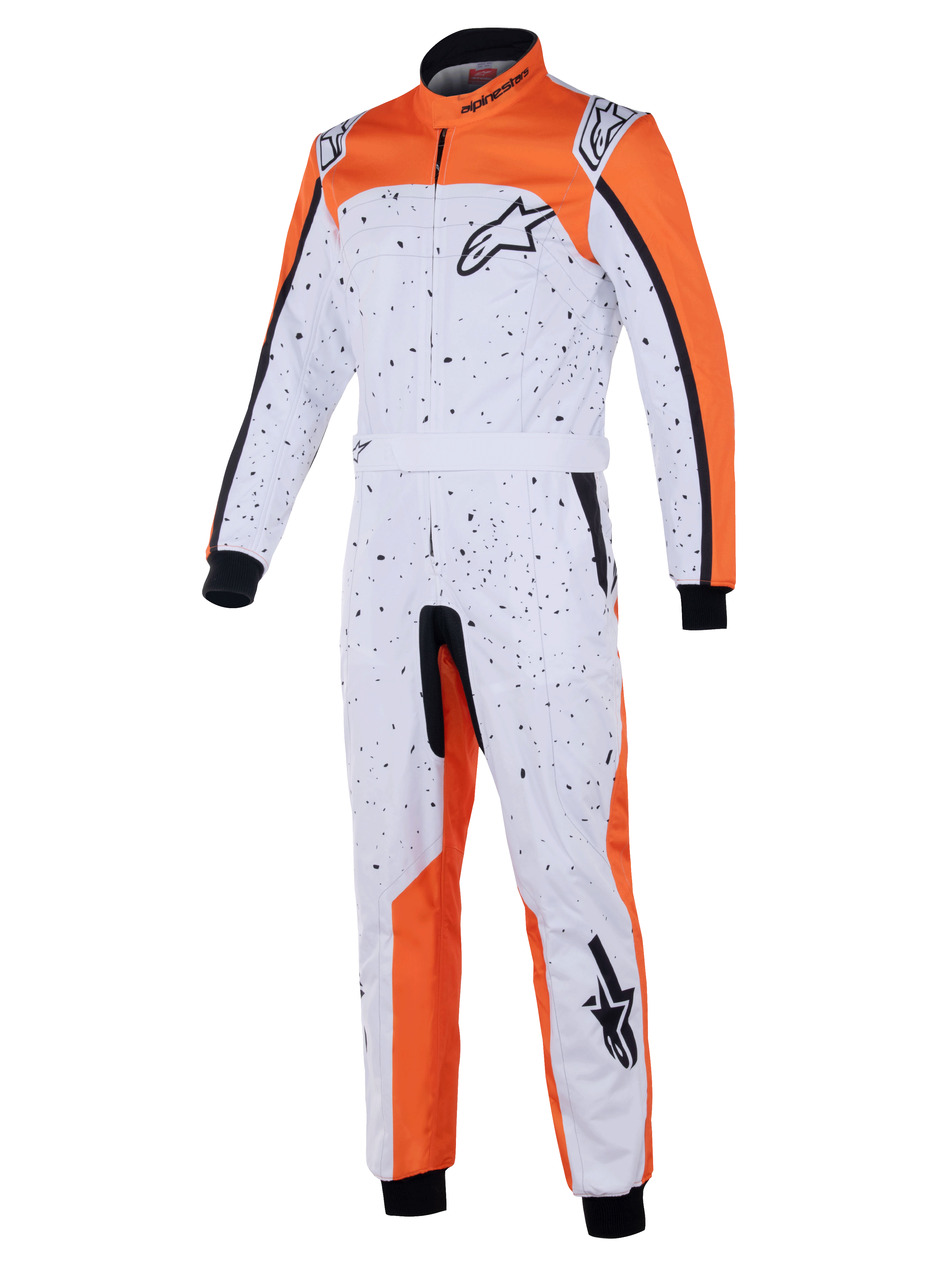 Alpinestars KMX-9 V3 Graphic 6 Suit, Karting Suit, White Orange and Black, featuring a black splatter pattern, Astar logos on chest and leg, knitted cuffs and adjustable waist belt, designed for kart racing protection