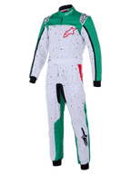Alpinestars KMX-9 V3 Graphic 6 Suit, Karting Suit, White Green and Red, white body with black speckled graphic, green side panels on legs and shoulders, red Alpinestars logo on chest, black wrist and ankle cuffs