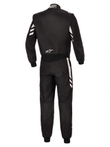 Alpinestars GP Race V3 Suit FIA, Rear view of a black one-piece auto racing suit with silver accents on the sleeves and legs, featuring a white Alpinestars logo on the lower back, FIA-certified professional motorsport gear.
