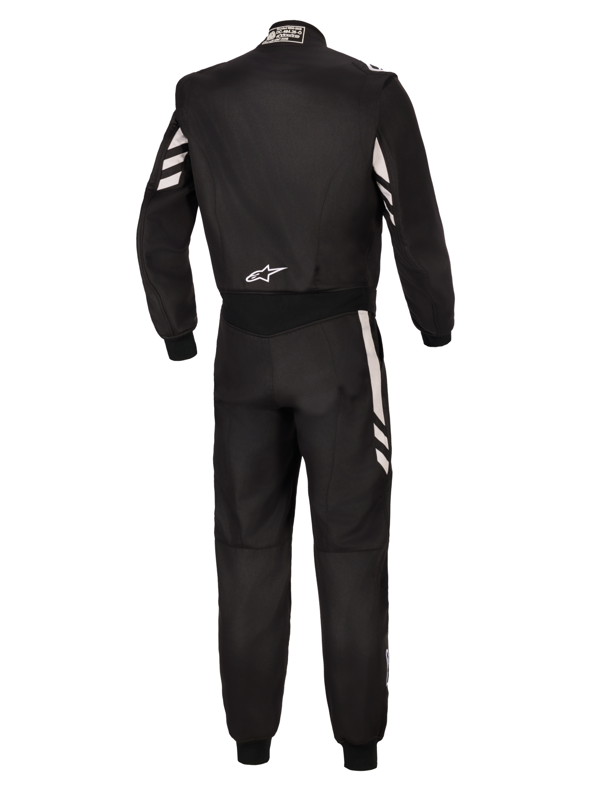 Alpinestars GP Race V3 Suit FIA, Rear view of a black one-piece auto racing suit with silver accents on the sleeves and legs, featuring a white Alpinestars logo on the lower back, FIA-certified professional motorsport gear.