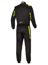 Alpinestars GP Race V3 Suit FIA, Auto Racing Suit, Black and Yellow Fluo, back view showing fluorescent yellow accents on the shoulders and legs, small yellow logo on the lower back, and FIA certification tag on the collar.