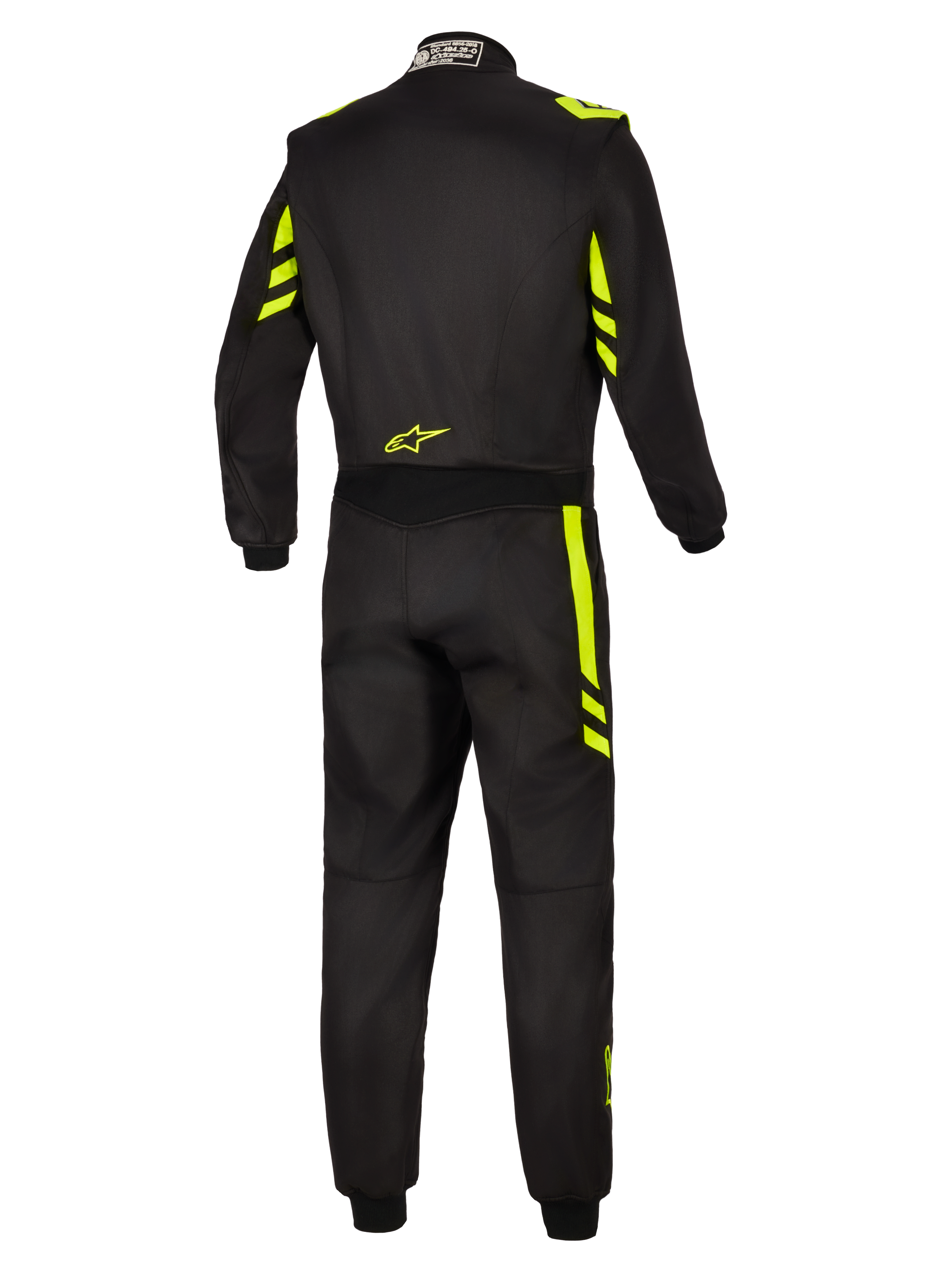 Alpinestars GP Race V3 Suit FIA, Auto Racing Suit, Black and Yellow Fluo, back view showing fluorescent yellow accents on the shoulders and legs, small yellow logo on the lower back, and FIA certification tag on the collar.