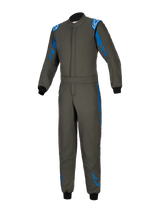 Alpinestars GP Race V3 Suit FIA, Anthracite Blue auto racing suit, one-piece textile design with blue accents on shoulders and legs, white Alpinestars logos, black ribbed cuffs, adjustable belted waist, professional motorsport protective gear
