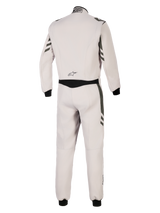 Alpinestars GP Race V3 Suit FIA, Rear view of silver anthracite one-piece auto racing suit, light grey body with dark anthracite accents on sleeves and legs, black ribbed cuffs, professional motorsport protective gear