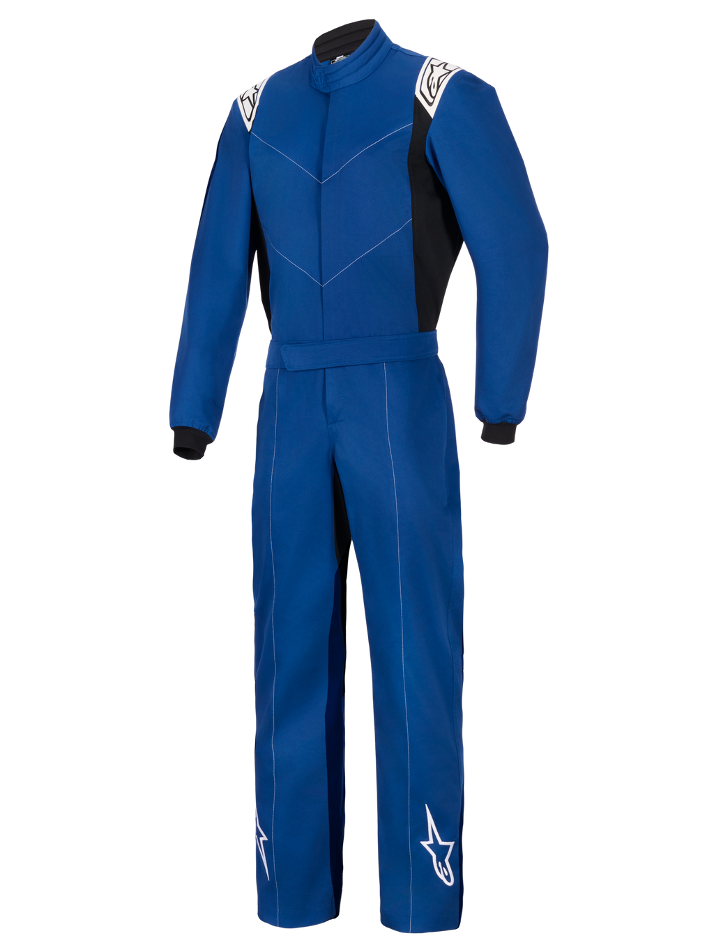 Alpinestars Kart Indoor V2 Suit, Blue, One-Piece Karting Suit, features white Alpinestars logos on shoulders and lower legs, black side panels and wrist cuffs, durable single-layer poly-cotton twill construction for recreational racing.