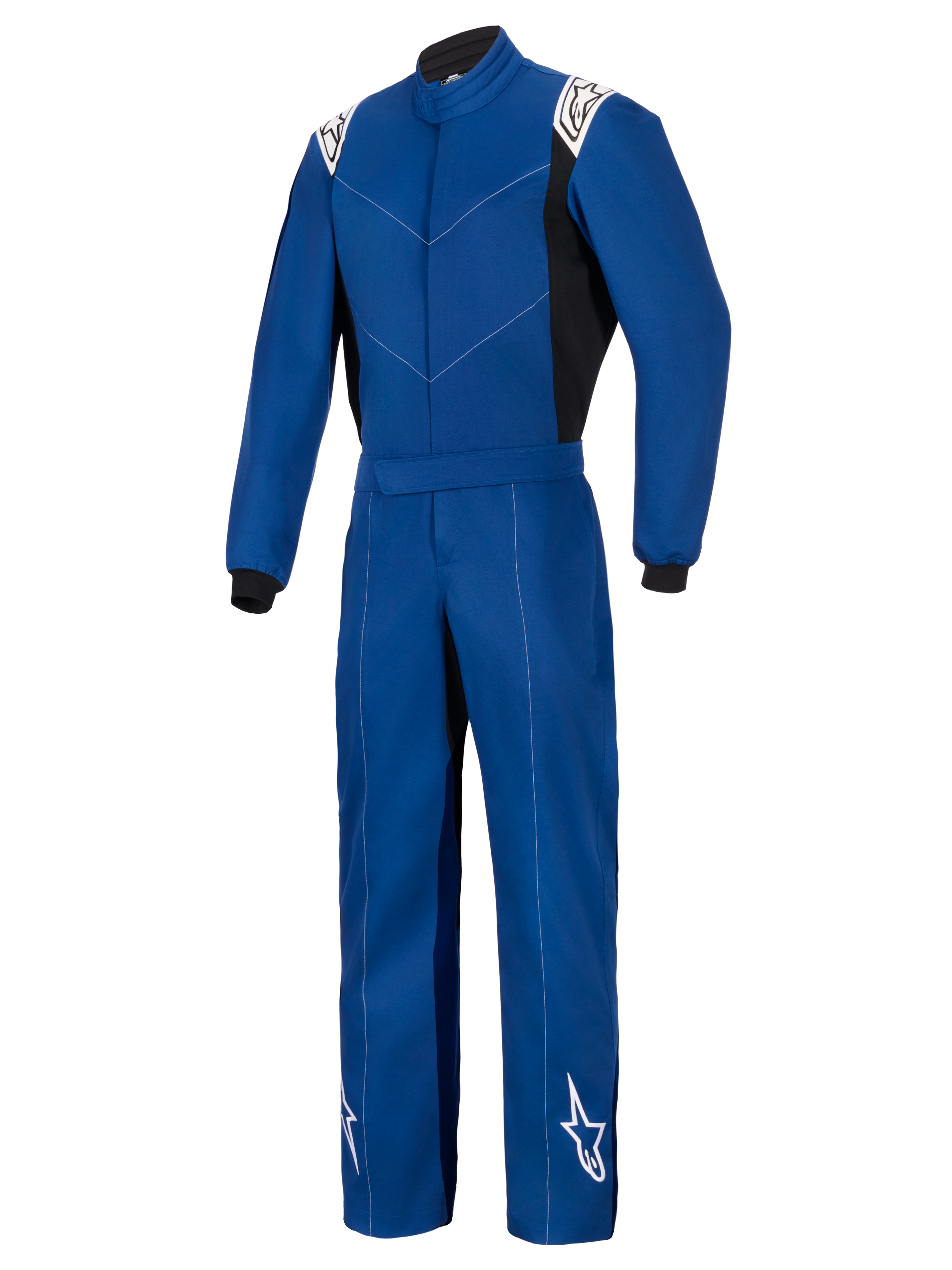 Alpinestars Kart Indoor V2 Suit, Blue, One-Piece Karting Suit, features white Alpinestars logos on shoulders and lower legs, black side panels and wrist cuffs, durable single-layer poly-cotton twill construction for recreational racing.