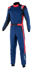 Alpinestars GP Pro Comp V2 FIA Suit, professional one-piece auto racing suit, navy blue with red and black accents, featuring red shoulder epaulettes, high collar, and a red stripe down the leg, motorsport protection gear