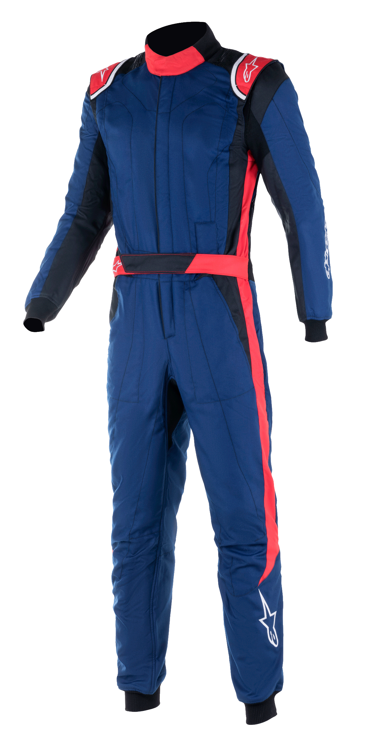 Alpinestars GP Pro Comp V2 FIA Suit, professional one-piece auto racing suit, navy blue with red and black accents, featuring red shoulder epaulettes, high collar, and a red stripe down the leg, motorsport protection gear