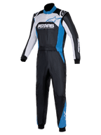 Alpinestars Atom Graphic 4 Suit, One-Piece Auto Racing Suit, Black Silver and Blue, featuring bold ASTARS branding on the chest, white and blue panels, high collar, and ribbed cuffs, professional motorsport protective apparel