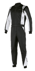 Alpinestars Atom FIA Suit, Auto Racing Suit, Black and Silver, featuring white panels on the sleeves and legs, shoulder epaulettes, waist belt, and ribbed cuffs, professional FIA-certified motorsport design