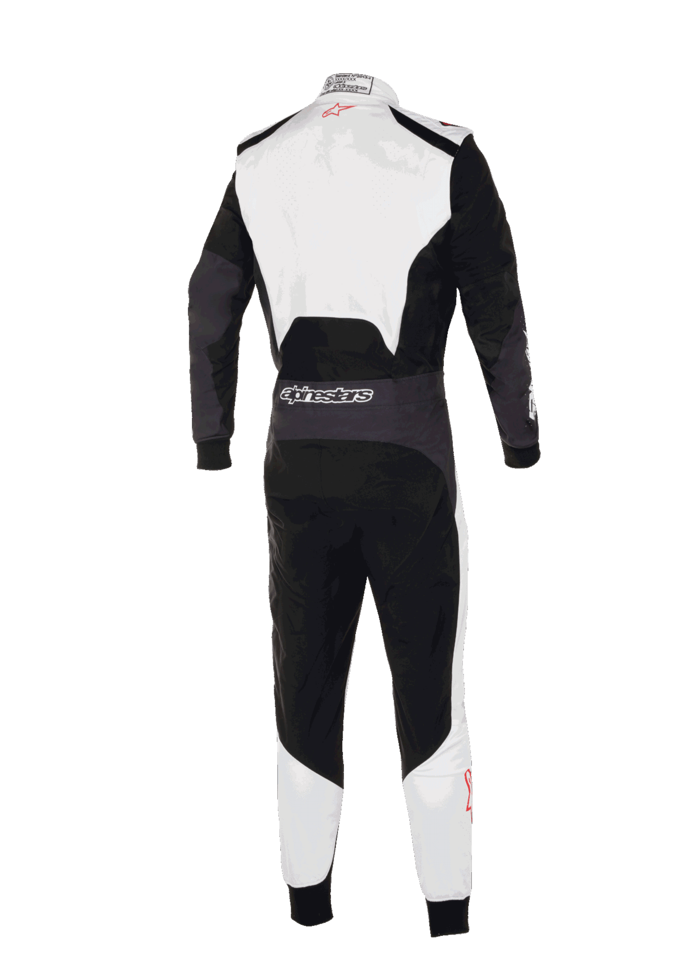 Alpinestars KMX-5 V3 Suit, back view of professional karting suit, White Black and Bright Red, featuring white upper back and lower legs with black main panels, Alpinestars branding on the rear waist, ergonomic design for competitive racing.