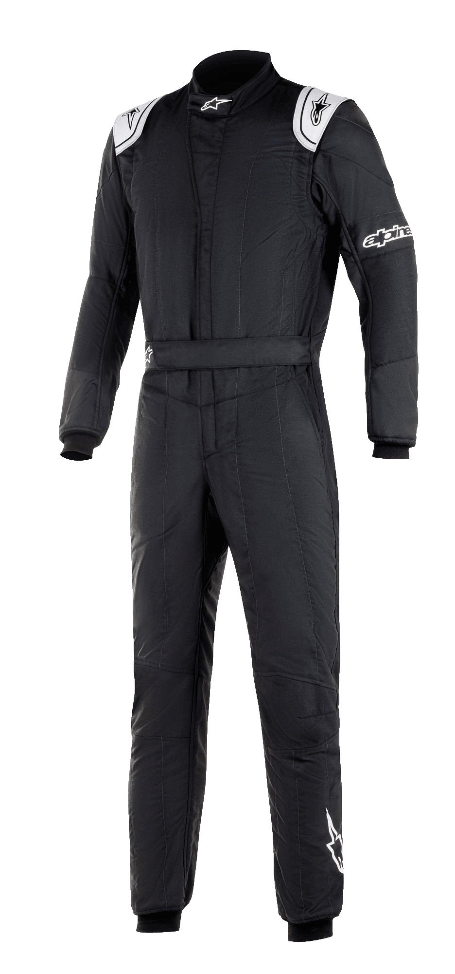 Alpinestars GP Tech V3 Suit FIA, Black Auto Racing Suit, featuring white shoulder panels with logos, high collar, and Alpinestars branding on the sleeve and leg, professional motorsport gear with a technical panelled design